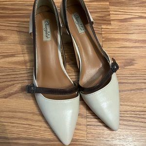 Beige pointed toe pumps, size 6.5